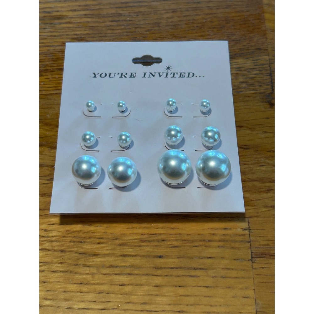 You're Invited Faux Pearl Stud Earrings Set 6 Pairs White Silver Tone